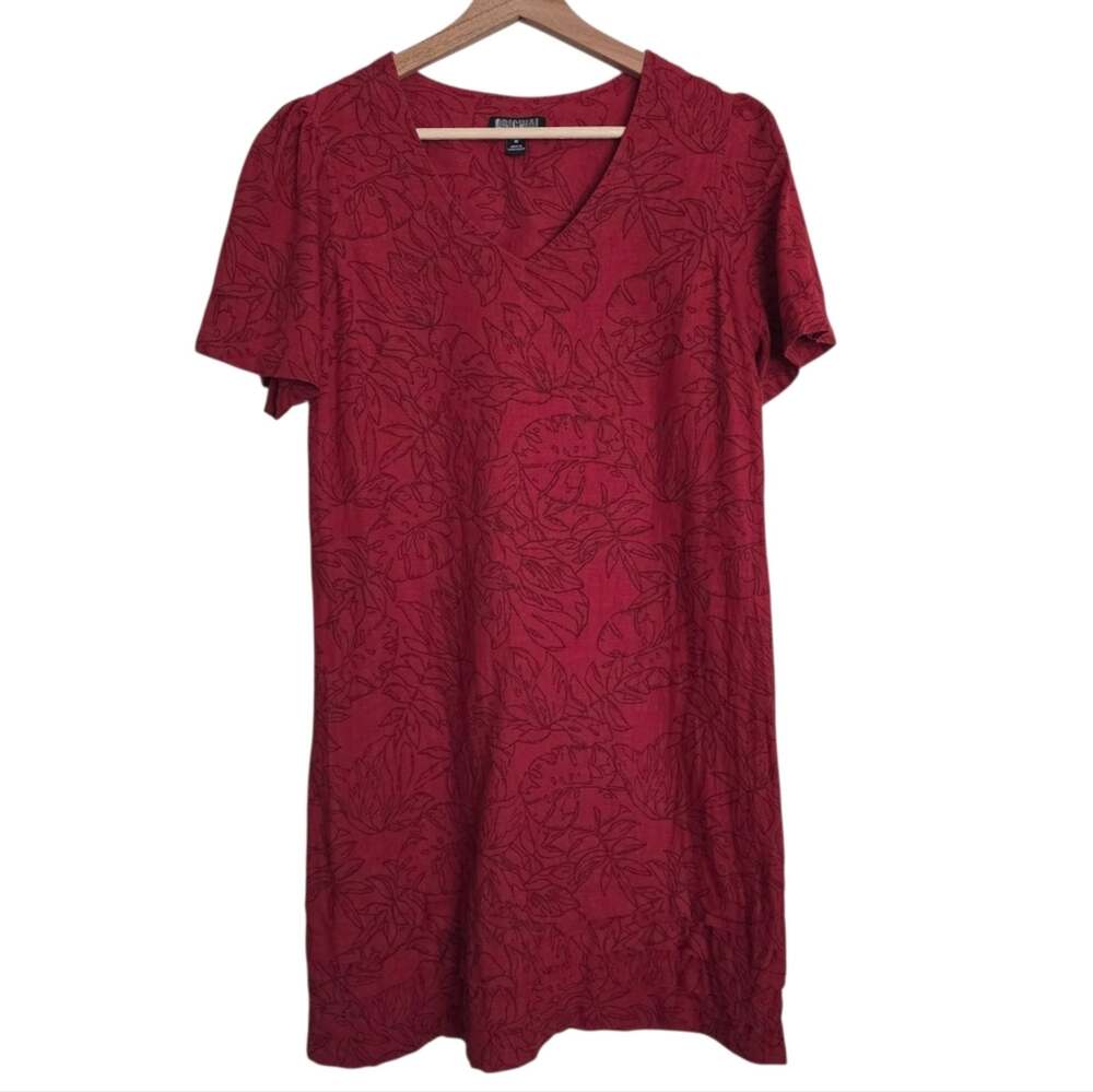 Nicole Miller Original Linen Blend Tiered Hem Tomato Red Leaf Pattern Dress